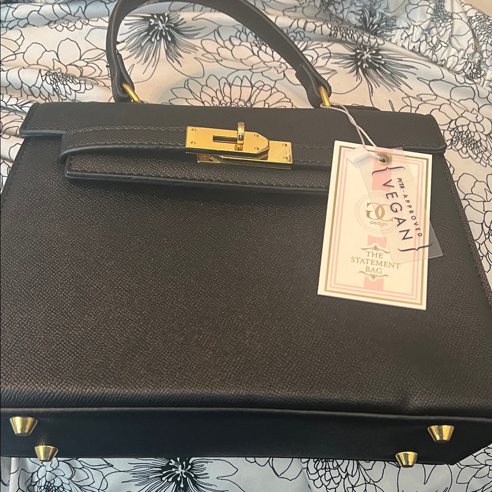 Structured Black Vegan Mini Top-Handle Bag with Gold Hardware